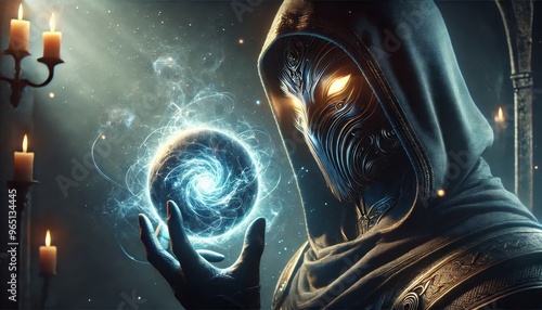 A detailed, close-shot image of a dark, hooded character similar to the one in the previous image, holding a glowing, mystical orb with swirling energ.