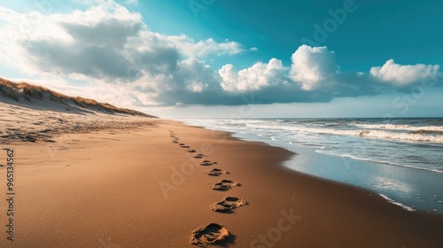 Deserted beach with footprints in the sand