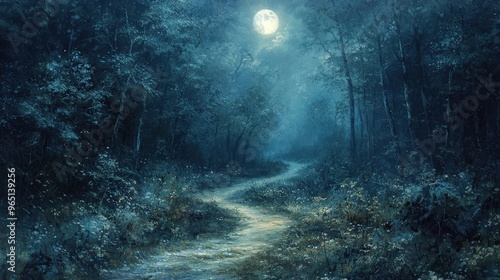 A moonlit path in a forest, leading to nowhere, aimlessness, lost in lifeâ€™s journey