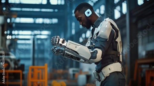 A Black African American engineer tests a futuristic bionic exoskeleton in a heavy steel industry factory. The contractor uses the powered shell to lift and maneuver heavy steel parts