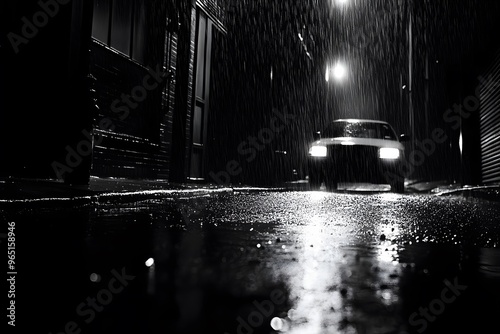 A somber, black-and-white film noir-inspired city street with rain and shadows