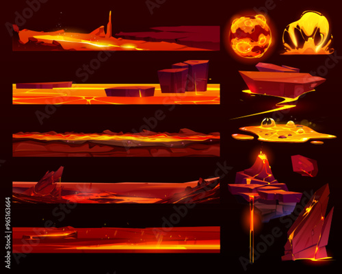 Fire and lava game effect. Magma and rock cartoon ui 2d set. Magic molten flow and liquid splash vfx isolated element design. Hell level platform crack, burst flame and heat ground surface section