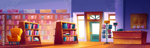 Bookstore interior with books on shelves and racks, armchair for customer and counter bar with cash register, entrance door and windows. Cartoon vector shop with literature for read and education.