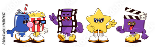 Cinema groovy cartoon characters. Comic retro vector set of movie mascot with funny faces, hands and legs - popcorn bucket and can with soda friends, film tape and star in glasses, clapper board.