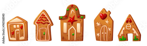 Gingerbread house cookie Christmas illustration. Ginger bread village icon decoration cake. Cute biscuit with icing for New Year dessert drawing element set. Home with door and roof snack isolated