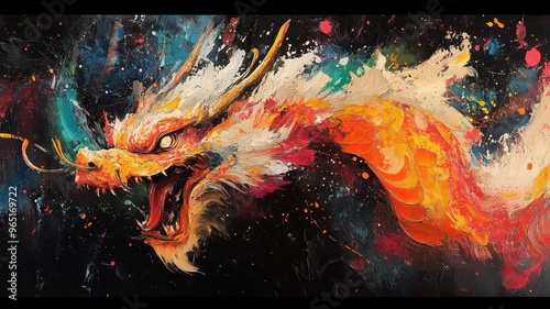 Dragon rendered in abstract expressionism style, using bold brushstrokes and vivid colors to convey the powerful and mythical essence of the dragon.