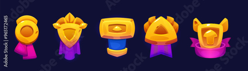 Gold achievement, level up and rank badge for game ui design. Cartoon vector illustration set icon of golden medal with ribbons. Videogame winner award trophy emblem. Bonus or rating insignia.