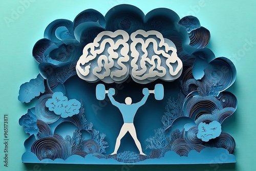 Inner Strength: Person Lifting Brain Weights in Paper Cut Style, Symbolizing Mental Resilience