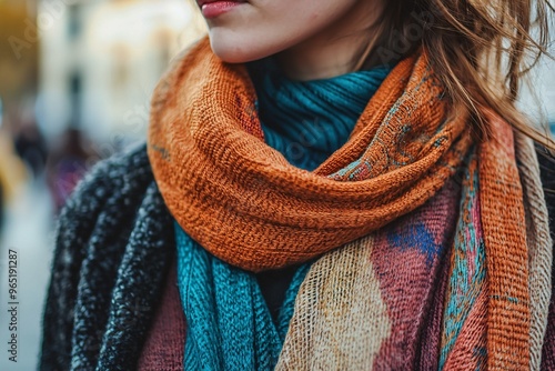 A stylish scarf gracefully adorns a woman's neck, showcasing rich textures and vibrant hues in a detailed close-up.