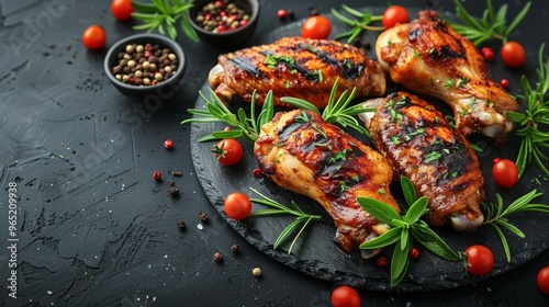 Chicken wings, drumsticks and breast with herbs and spices on black background. Top view with copy space. 