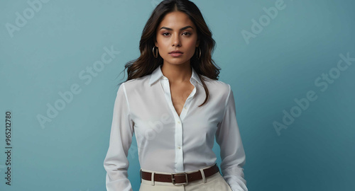 Calm Hispanic female model in white blouse and slacks on light blue background