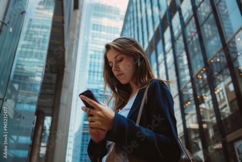 Business woman walking in the city using mobile phone