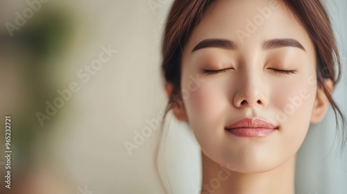 Portrait of a Korean model woman taking a deep breath with eyes closed, reflecting the simplicity of appreciating the present moment (selective focus, theme: deep breath) in a calm setting