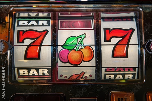 Close-up of a vibrant slot machine display showing lucky number 7 and BAR symbols