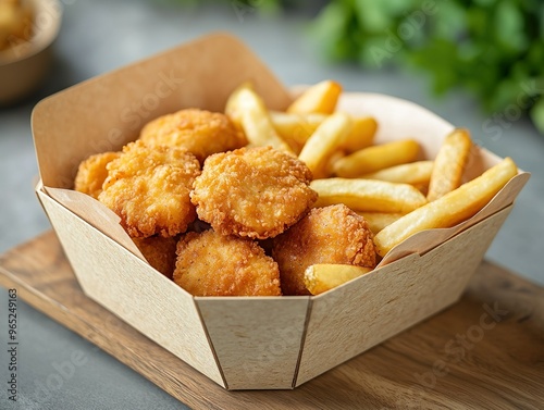 A box of chicken nuggets and french fries