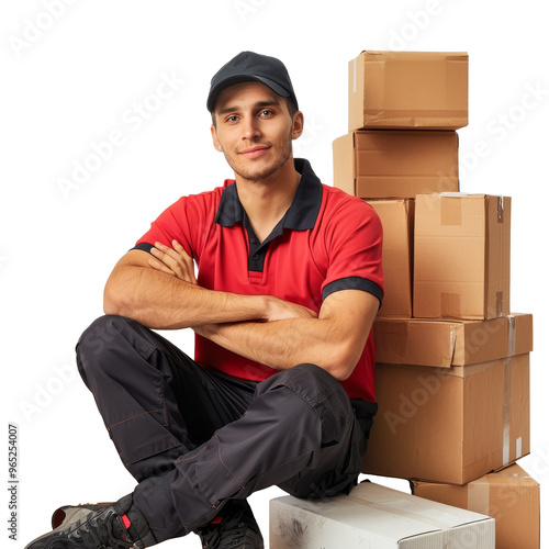 A courier sitting beside stacked cardboard boxes, showcasing a busy day of deliveries in an indoor setting