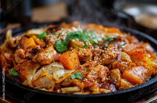 Korean dalk galbi, spicy stir-fried chicken with rice cakes in a fiery sauce