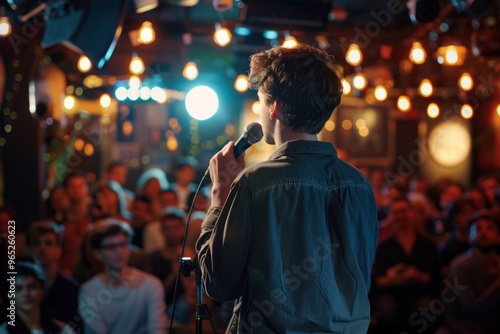 Young male comedian performing his stand-up monologue on a stage of a small venue