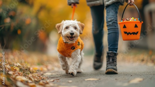 Conceptual image of a dog trick-or-treating with its owner, wearing a fun Halloween outfit and carrying a small candy bucket.