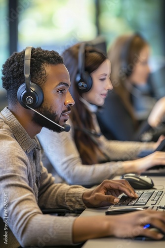 A diverse customer service team helping clients over the phone in a modern call center