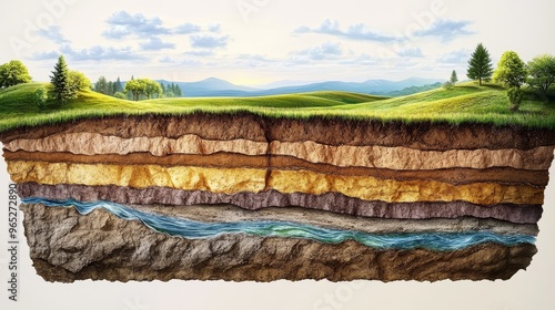 A geological cross-section showcases layered moist soil aquifers and subterranean water tables.