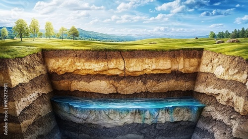 The stratification of soil aquifers and underground water tables is illustrated in a geological cross-section.