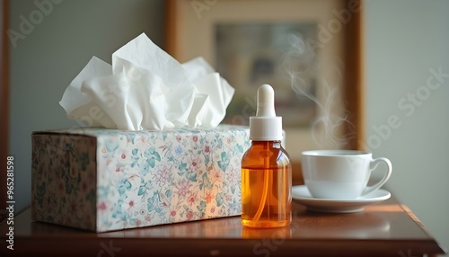 Close-up of a box of tissues and a bottle of nasal drops on a bedside table, captured in soft indoor light. This image symbolizes typical cold treatment, emphasizing practical care 