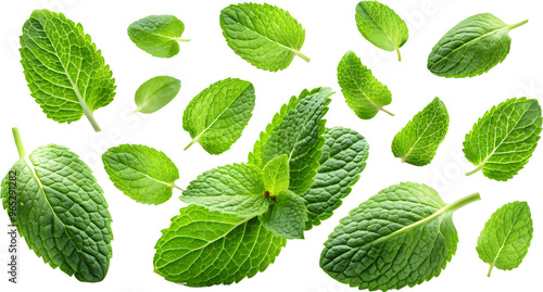 Mint leaves flying in air isolated