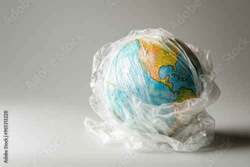 Globe wrapped in plastic representing environmental pollution and climate change impact on the planet with copy space