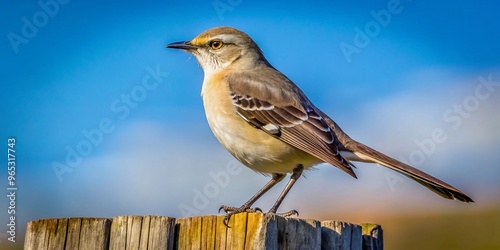 A delicate, brown-backed Northern Mockingbird perches on a weathered wooden fence post, its gray-white patches and