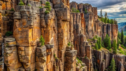 A dramatic close-up of a rocky mountain cliff's deep, weathered fissure, showcasing the geological formation's rugged