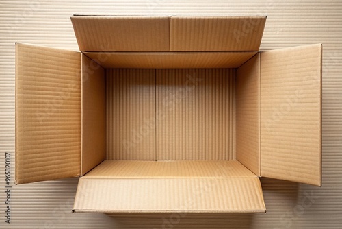 Brown corrugated cardboard box seen from a top side angle with a minimalistic design, cardboard, brown, delivery, thin, packaging, rectangle, minimalist, plain, angle, corrugated, empty