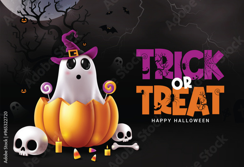 Halloween trick or treat text vector design. Trick or treat greeting card with ghost character sitting in curve pumpkin elements in dark night spooky background. Vector illustration kids party 