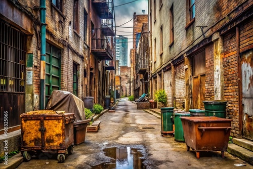 A rundown, grimy, and neglected alleyway with peeling walls, rusty dumpsters, and broken furniture, evoking a sense of