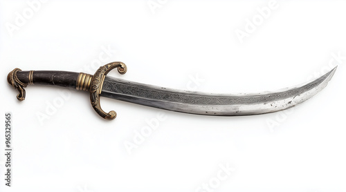 High quality photo of a pirates curved cutlass sword on a white background. Historical events isolated on white. Photo realistic photo. 