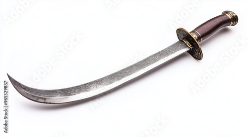 High quality photo of a pirates curved cutlass sword on a white background. Historical events isolated on white. Photo realistic photo. 