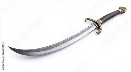 High quality photo of a pirates curved cutlass sword on a white background. Historical events isolated on white. Photo realistic photo. 