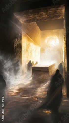 Figures Entering a Mystical Chamber with a Golden Glow