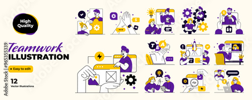 Business Teamwork illustrations. Mega set. Collection of scenes with men and women taking part in business activities. Trendy vector Illustration