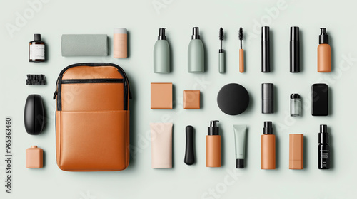 A neatly arranged flat lay of various grooming and skincare products along with a brown leather toiletry bag. The items include bottles, jars, a razor, and a small towel.