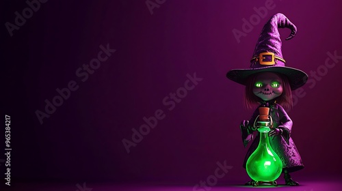 Halloween witch is potion bottle glowing with green light, ultra-sharp focus, solid dark purple background