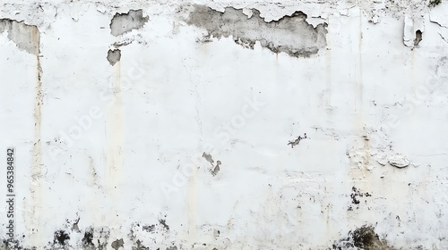 A textured white wall with peeling paint and rough surfaces, showcasing a rustic and weathered appearance for various designs.