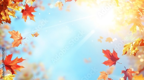 autumn background featuring yellow leaves and sun rays against a blue sky, ideal for an autumn season concept banner with ample copy space for text