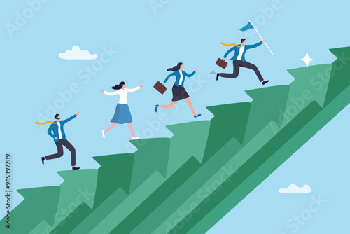 Sustainable growth, long term success or growing business with winning strategy, improvement or steps to team success, productivity concept, business people employee step up sustained growth arrow.