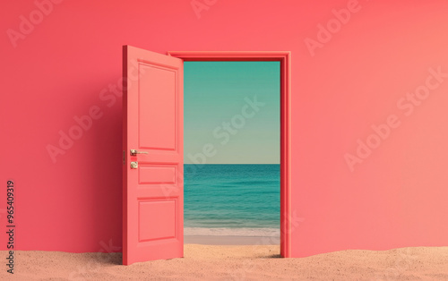 A pink door opens to reveal a serene beach and turquoise ocean, blending vibrant colors with tranquil scenery in a surreal setting.