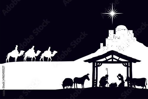 A Christmas nativity scene with baby Jesus in the manger, wise men and city of Bethlehem in the background