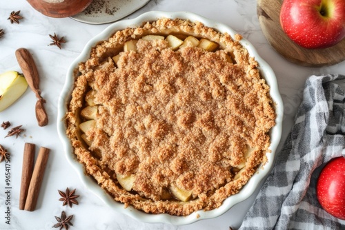 An overhead shot of Apple Betty fresh out of the oven, with the perfectly browned crumbly topping dusted with cinnamon sugar, ready to be served