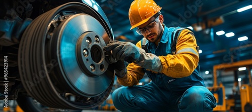 Skilled Mechanic Concentrates on Precision Brake Repair in a Busy Automotive Workshop