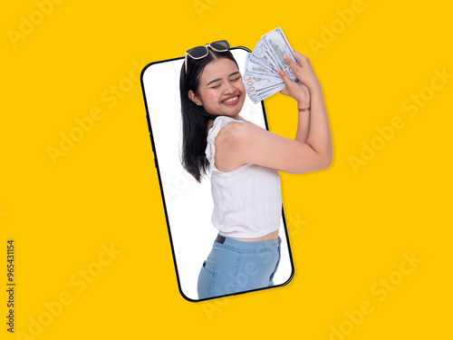 A young woman popping out of a cellphone screen holding money feeling blissful. For jackpot prizes, rewards mobile app, social media campaign or other advertising.