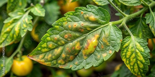 "Tomato leaf spot disease featuring yellowish-green spots with darker centers on a leaf with curled and distorted margins."